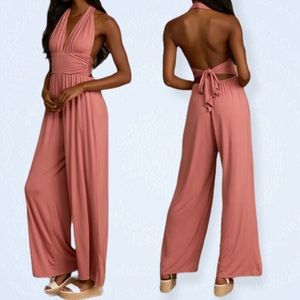 NWT LULU’S Always Ready Blush Pink Halter Tie-Back Wide Leg Jumpsuit
